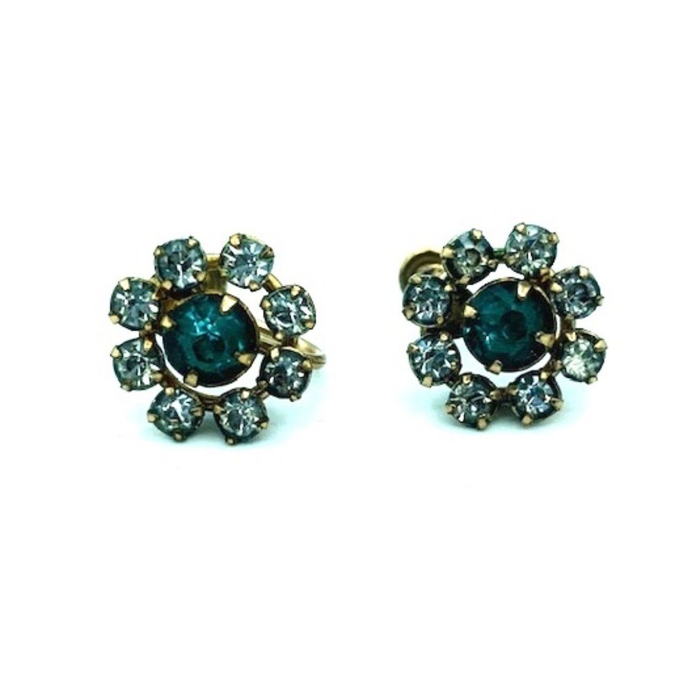 Vintage Green White Gem Flower Clip On Earrings